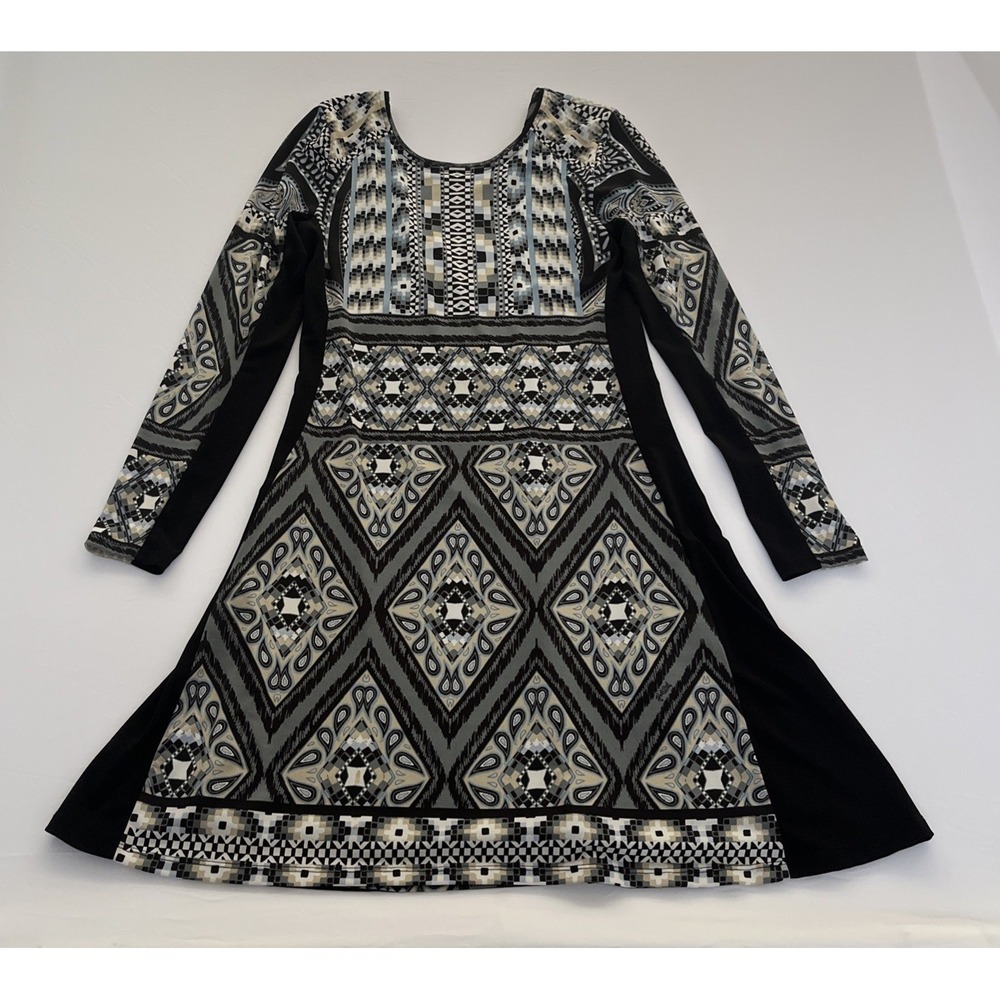 Hale Bob Geometric Print Bodycon Mini Dress Black Long Sleeve S 4ECL6545
